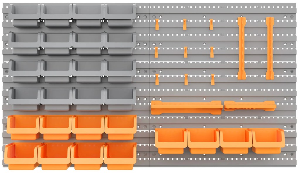 DURHAND Prateleira Parede Organizador Ferramentas 28 Caixas Empilháveis Ganchos Prática Espaço Otimizado 96x23x54 cm Cinza Laranja