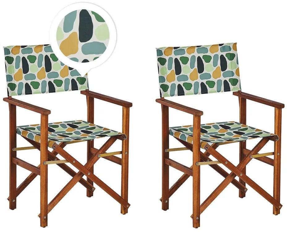 Conjunto 2 cadeiras de jardim madeira escura e 2 lonas creme e padrão geométrico CINE Beliani