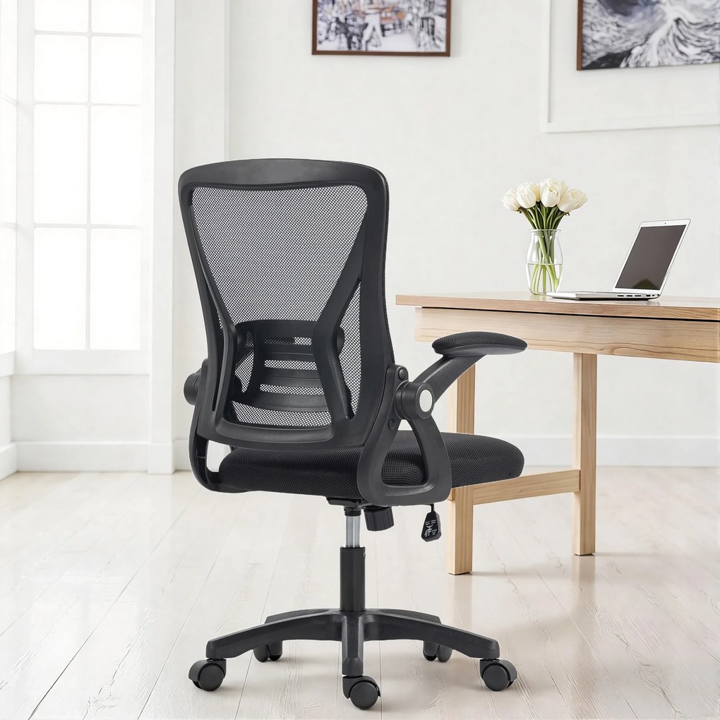 Cadeira de escritório ergonómica 59,5 x 56 x 103 cm, cadeira de escritório em malha, braços rebatíveis, altura ajustável, preta