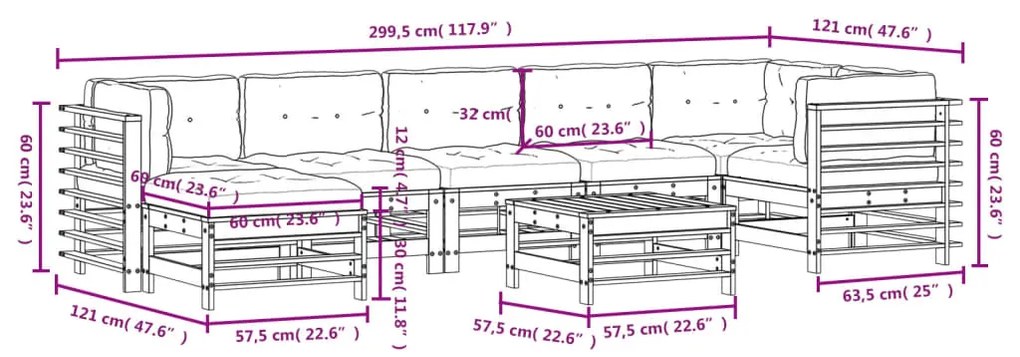 8pcs conjunto lounge jardim c/ almofadões madeira maciça branco
