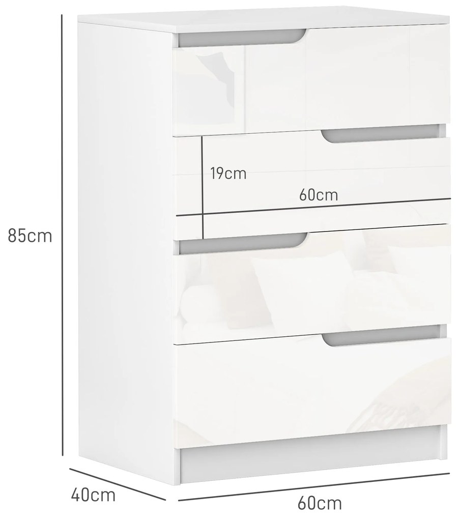 Cómoda com 4 Gavetas Cómoda de Dormitório Moderna com Sistema Anti-Tombo 60x40x85 cm Branco