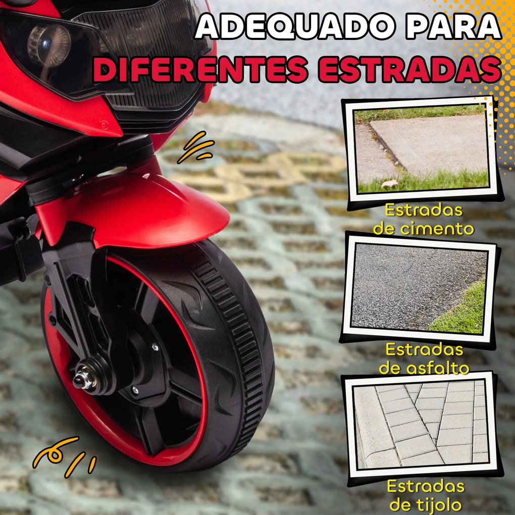 Mota Elétrica para Crianças 6V com Rodas de Apoio Música e Farol para Crianças de 18-36 Meses 77x38x50 cm Vermelho
