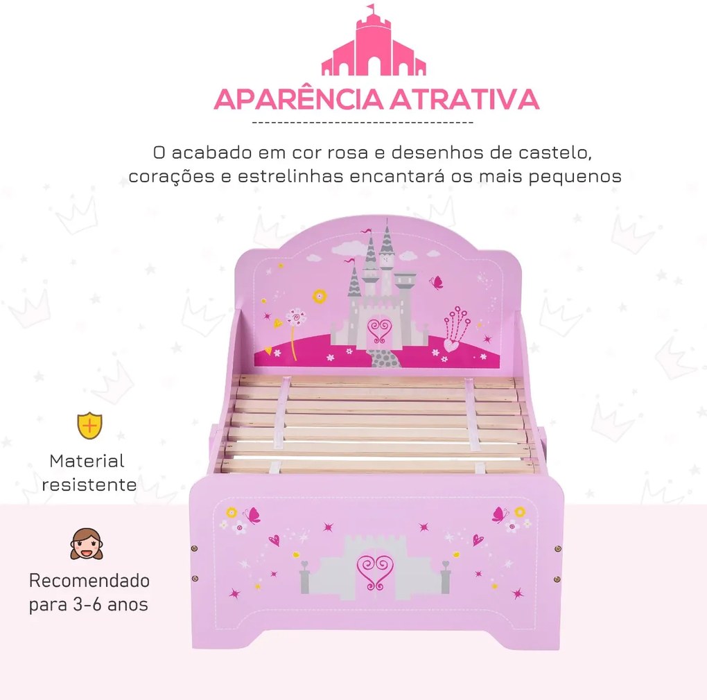 Cama Infantil acima de 3 Anos Cama para Crianças de Madeira com Barreira de Proteção Carga Máx. 50kg 143x73x60cm Rosa