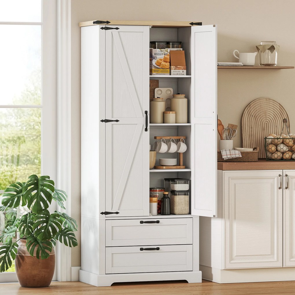 Armário de cozinha 76 x 40 x 180 cm, com 2 portas, 2 gavetas, prateleiras ajustáveis, estilo rústico, branco