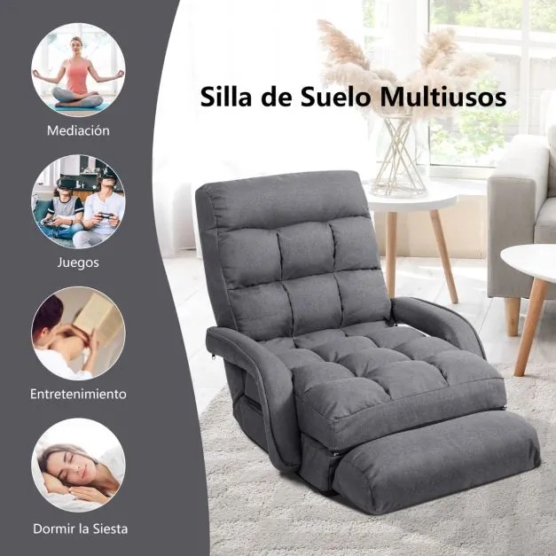 Sofá chão individual com almofada Poltrona multifuncional Cama dobrável para quarto Sala de estar Varanda 67 x 65 x 72 cm Cinzento