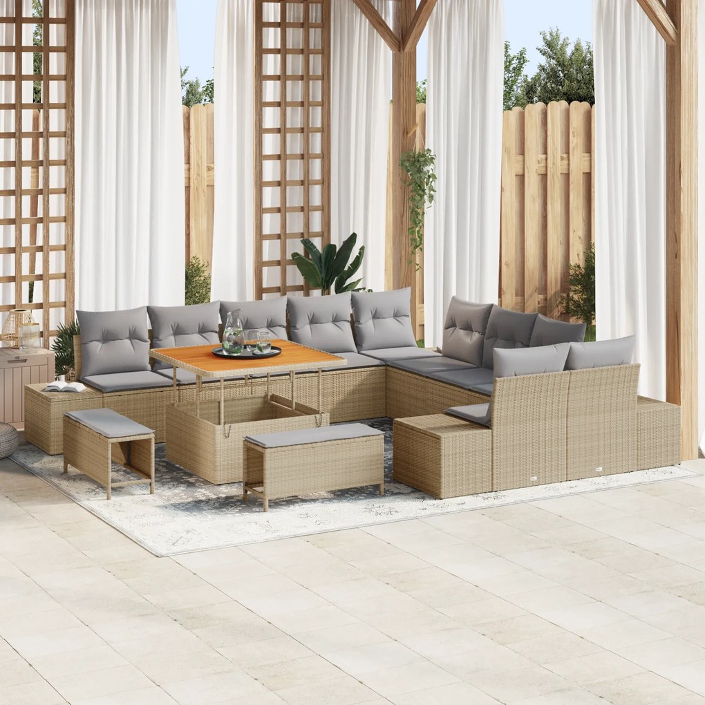 Conjunto de Sofá de Jardim de 13 Peças com Almofadas Bege Polyrattan A