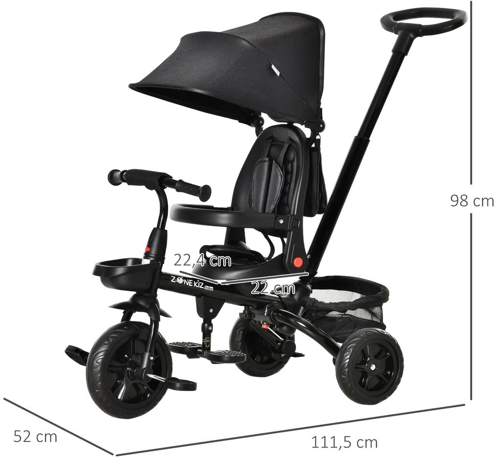 HOMCOM Triciclo Infantil 4 em 1 Bicicleta para Crianças 1-5 Anos com Assento Giratório Capô Ajustável Guidão de Empurre e Apoio para os Pés Dobrável 111,5x52x98cm Preto