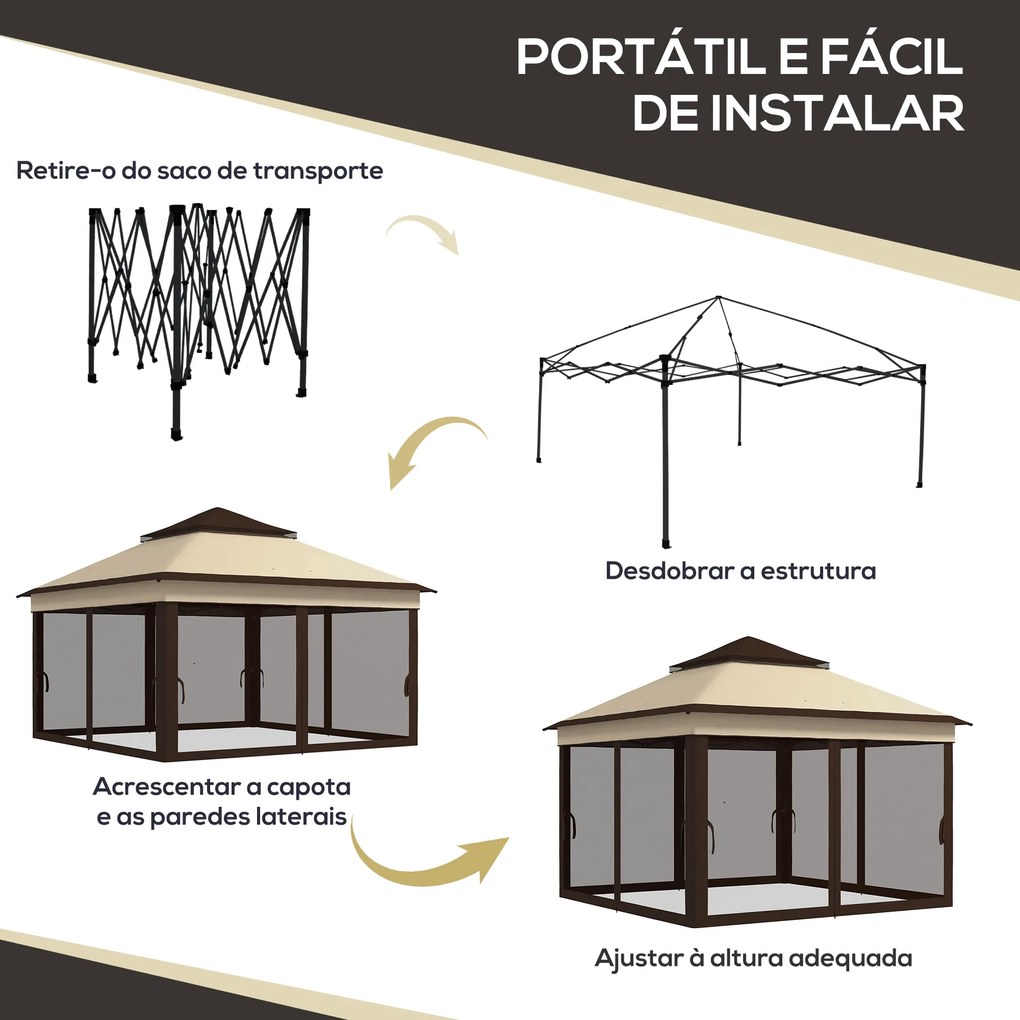 Tenda Dobrável 3,26x3,26x2,72 m com Altura Ajustável 4 Painéis de Malha Proteção UV30+ e Bolsa de Transporte Bege, café e preto