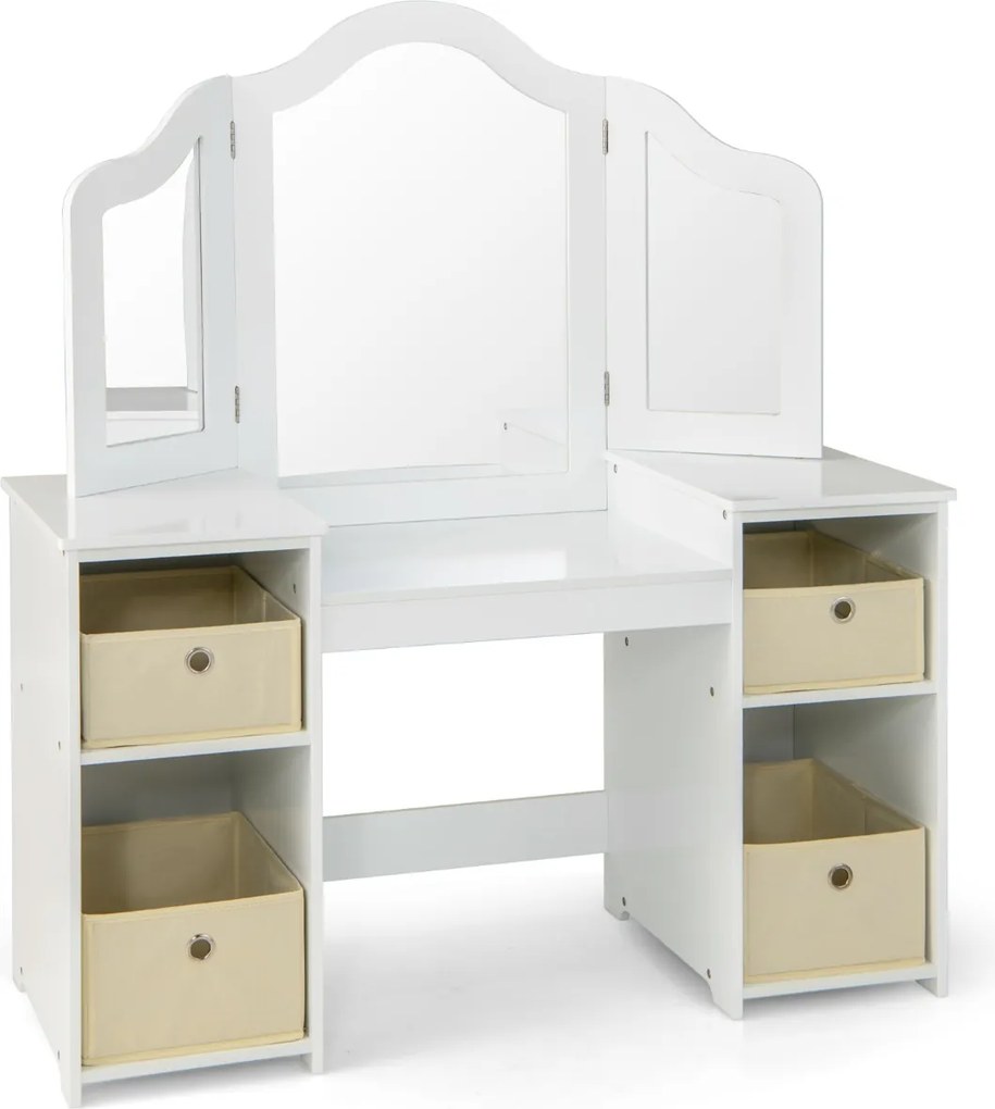 Toucador Princesa para crianças com 4 prateleiras grandes e espelho de plástico com 3 painéis Carga 100 kg 107 x 40 x 117 cm Branco