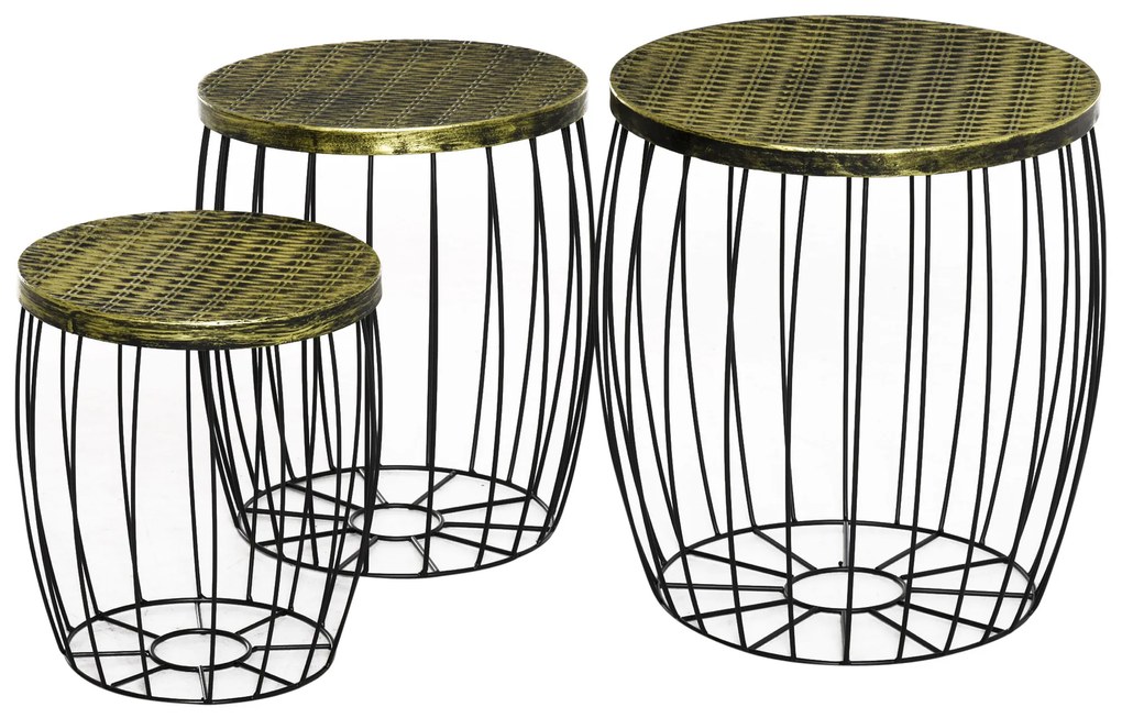 Outsunny Conjunto de 3 Mesas de Jardim Empilháveis Mesas Auxiliares Redondas com Estrutura Metálica e Tampo Imitação Vime Preto