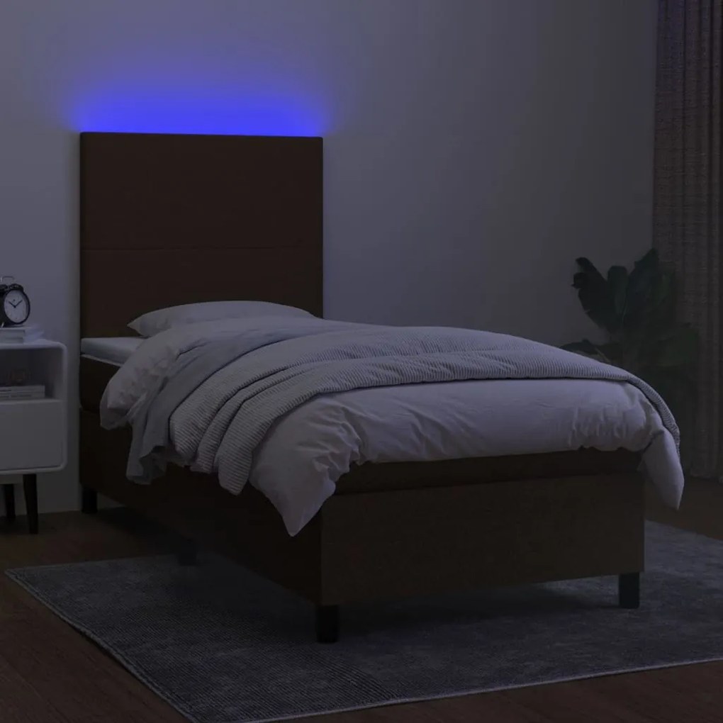 Cama box spring c/ colchão/LED 90x190 cm tecido castanho-escuro