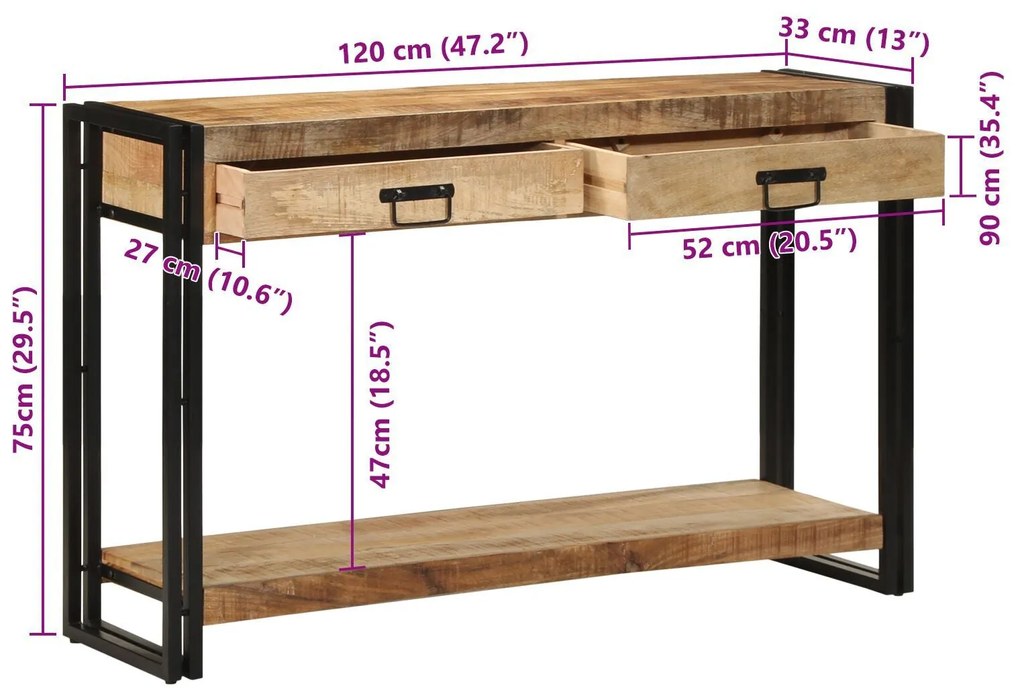 Mesa de Console vidaXL 120x33x75 cm Madeira de Mangueira Sólida
