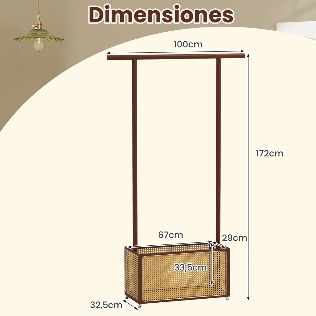Guarda Roupa de bambu 100 x 32,5 x 172 cm Suporte para pendurar casacos com cesto de rattan para arrumação e rodas e Barra natural