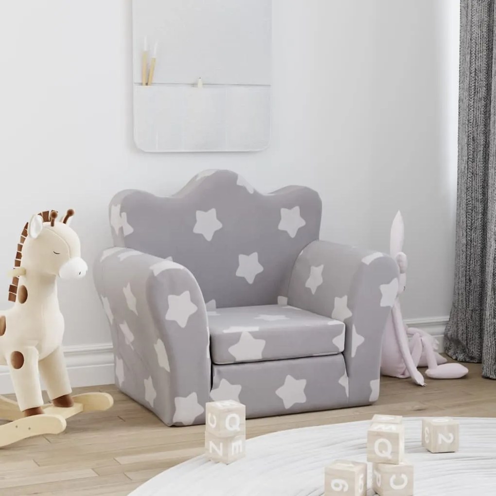 341869 vidaXL Sofá-cama infantil de c/ estrelas pelúcia cinzento-claro