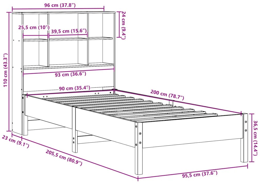 Cama com estante sem colchão 90x200cm pinho maciço castanho-mel