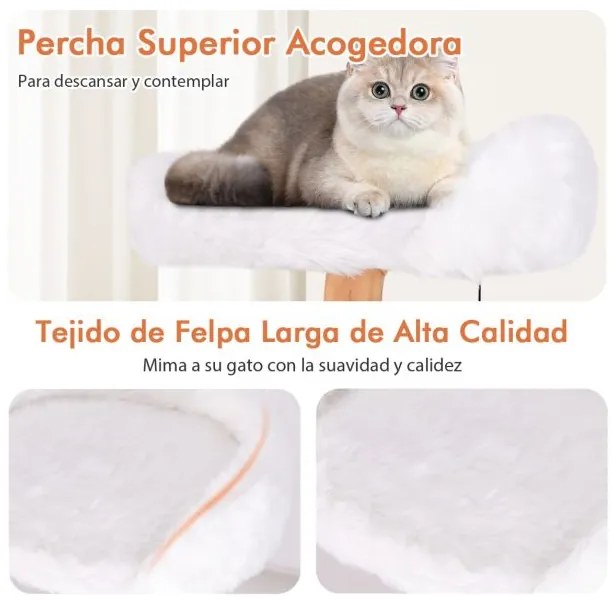 Arranhador de madeira maciça para gatos 168 CM com poleiro Caverna e Postes de arranhar 6 camadas Bola suspensa branca