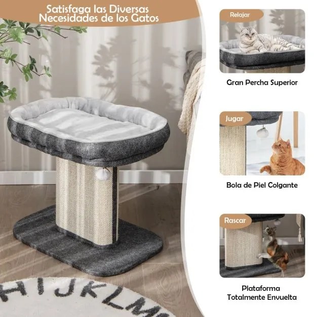 Arranhador gatos Pequena com torre de actividades com suporte para peluches e poste de arranhar em sisal 59 x 39,5 x 50 cm Cinzento