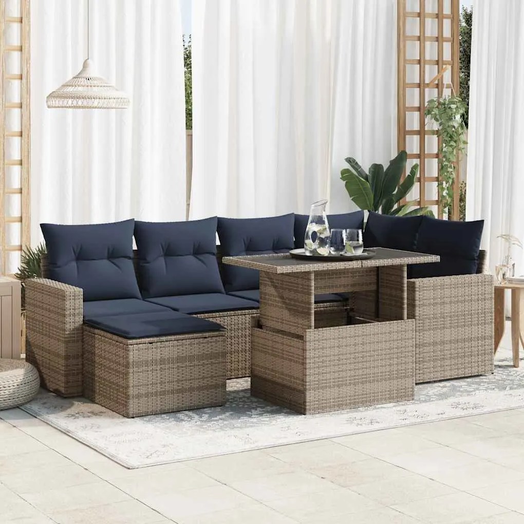 7 pcs conjunto sofás jardim almofadões vime PE/acácia cinzento