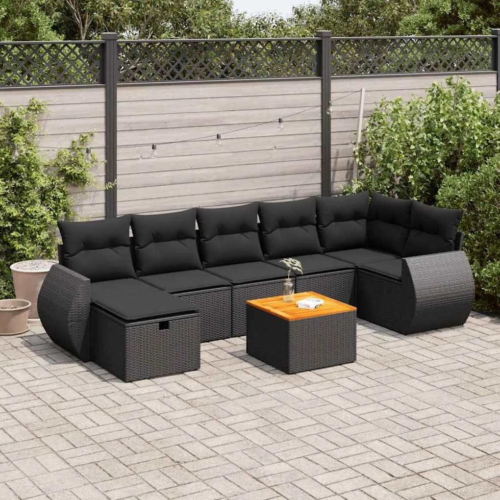 8 pcs conjunto sofás de jardim com almofadões vime PE preto