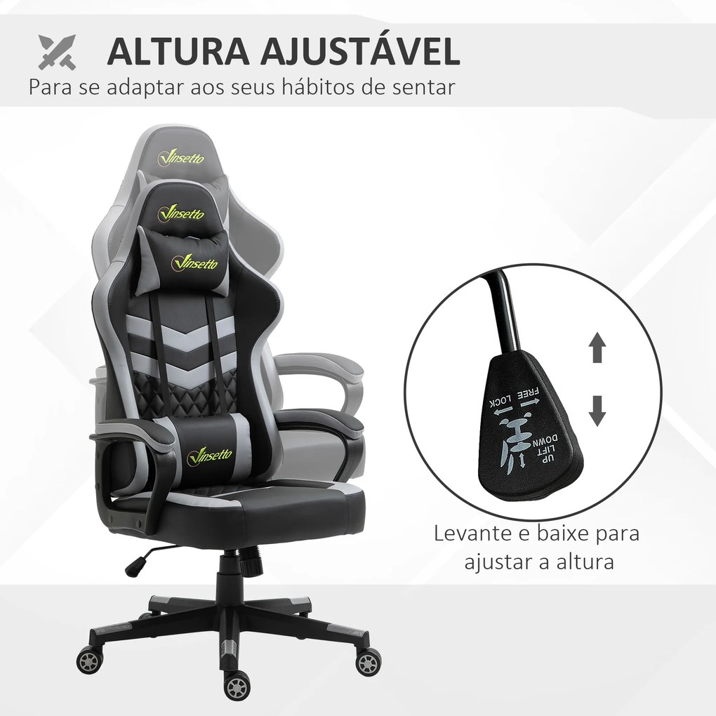 Cadeira Gaming com Altura Regulável Basculante com Apoio de Cabeça e Almofada Lombar 61x70x121-129 cm Preto