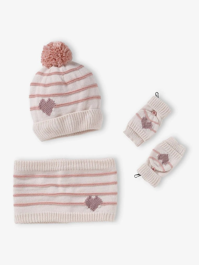 Agora -25%: Conjunto gorro + gola snood + luvas de polegar/mitenes às riscas/coração, para menina cru