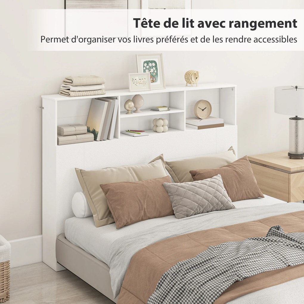 Cabeceira de cama 140 x 19 x 103,5 cm com pés e espaço de arrumação, acessório de cama com 4 compartimentos abertos, branca