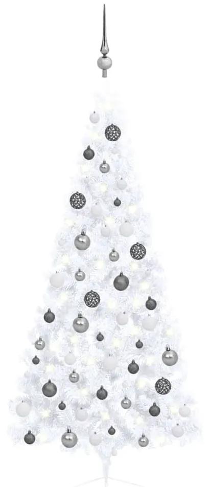 Meia árvore Natal artificial c/ luzes LED e bolas 180 cm branco