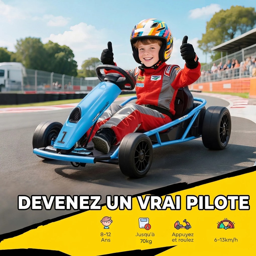 Kart Elétrico 24 V para Crianças 7 aos 12 anos, 115 x 77 x 54 cm, Modo Drift, Azul