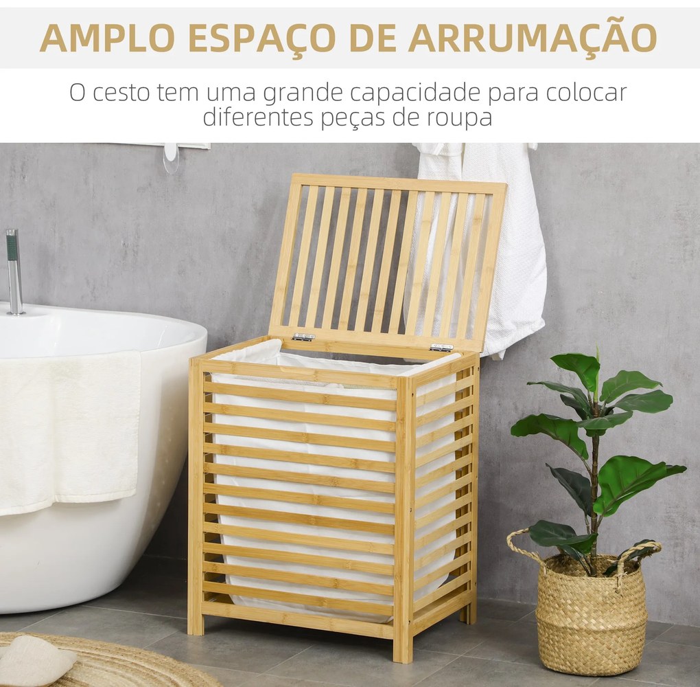 Cesto de Roupa de Bambu Cesto Roupa Suja Capacidade 55L com Bolsa Amov