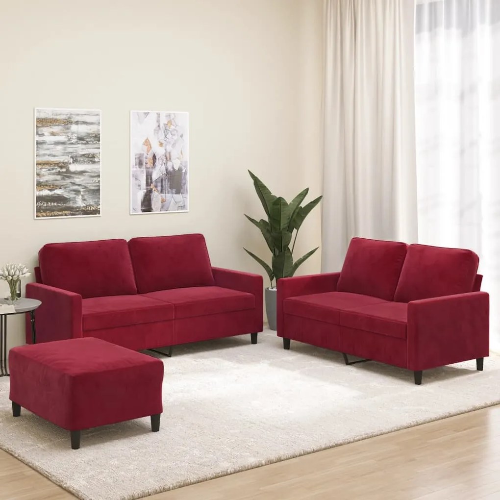 vidaXL 3 pcs conjunto de sofás com almofadões veludo vermelho tinto
