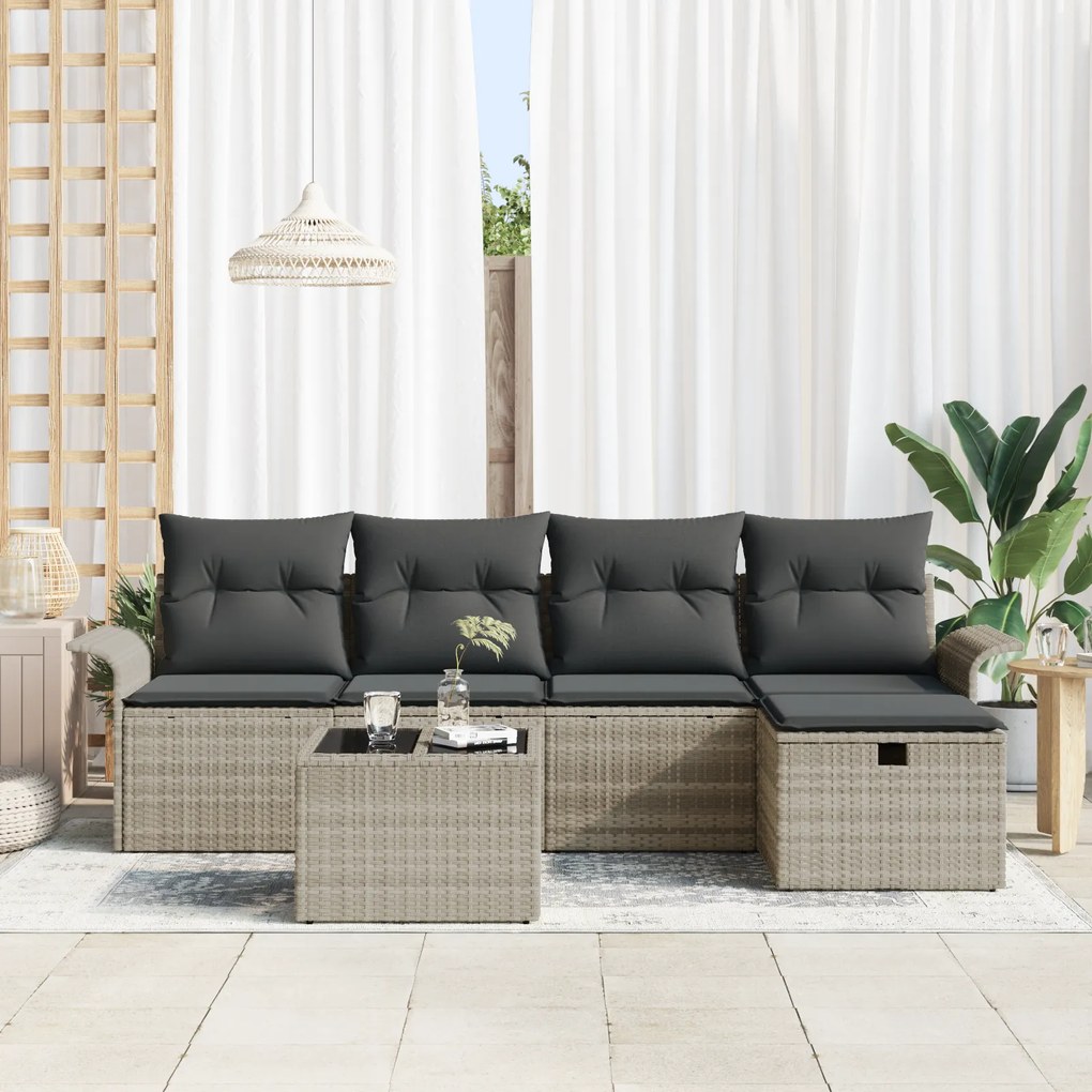 Conjunto de Sofá de Jardim de 6 Peças com Almofadas Cinza Claro de Rat