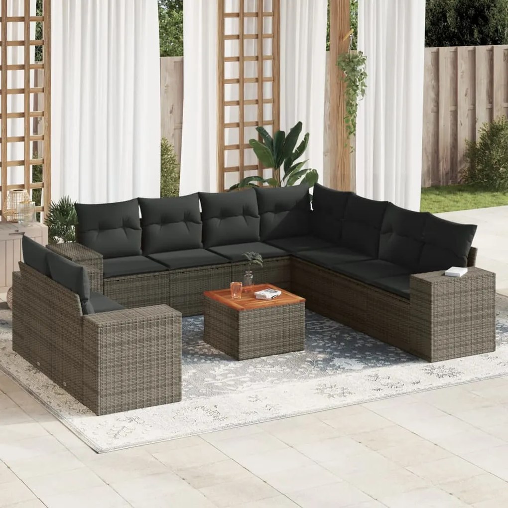 10 pcs conjunto sofás de jardim c/ almofadões vime PE cinzento