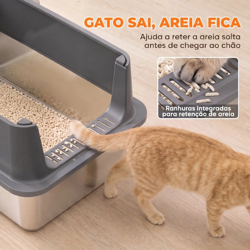 Conjunto de 2 Caixas de Areia XL em Aço Inoxidável com Bordo Alto e 2 Pás para Gatos Grandes e Vários Gatos Cinza Escuro