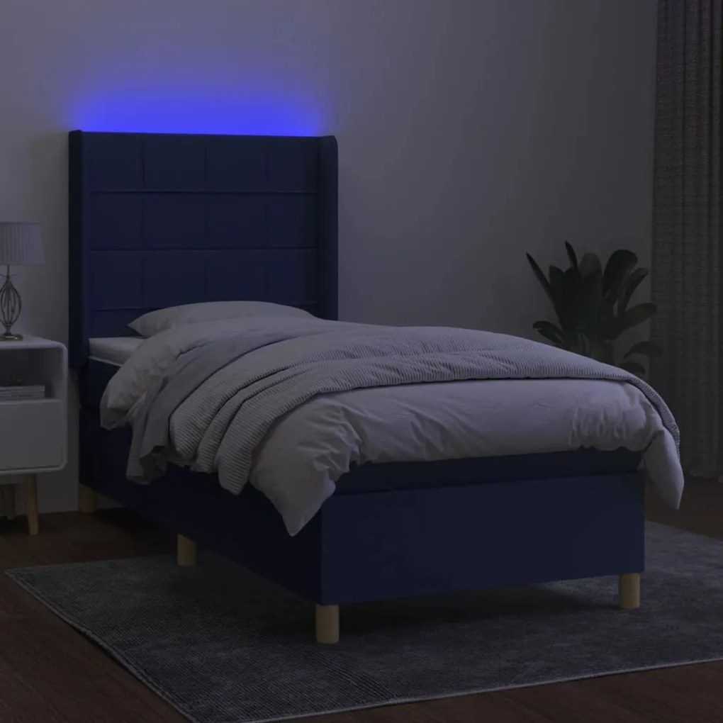 Cama box spring c/ colchão e LED 80x200 cm tecido azul