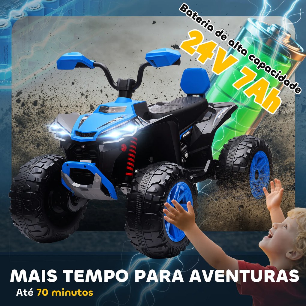 Moto 4 Elétrica para Crianças 24V com 2 Lugares 2 Motores Velocidade até 6,5 km/h Faróis Buzina Música e USB 109x68,5x76 cm Azul