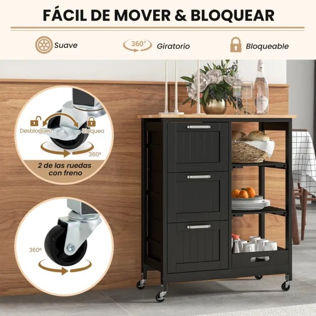 Carrinho de ilha de cozinha com tampa de madeira 3 gavetas de arrumação 2 Estantes e tabuleiro 67 x 37 x 83,5 cm Preto