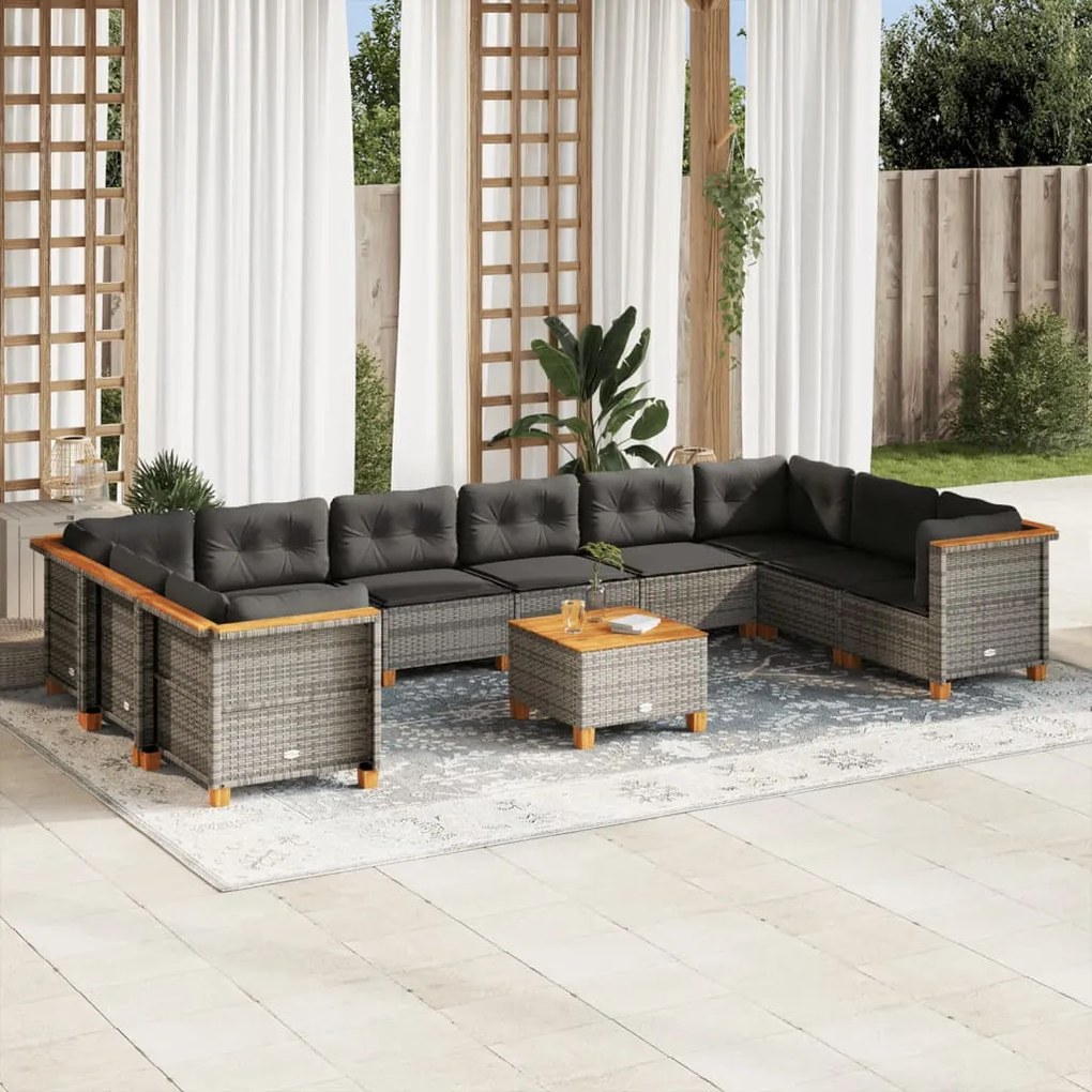 11 pcs conjunto sofás de jardim c/ almofadões vime PE cinzento