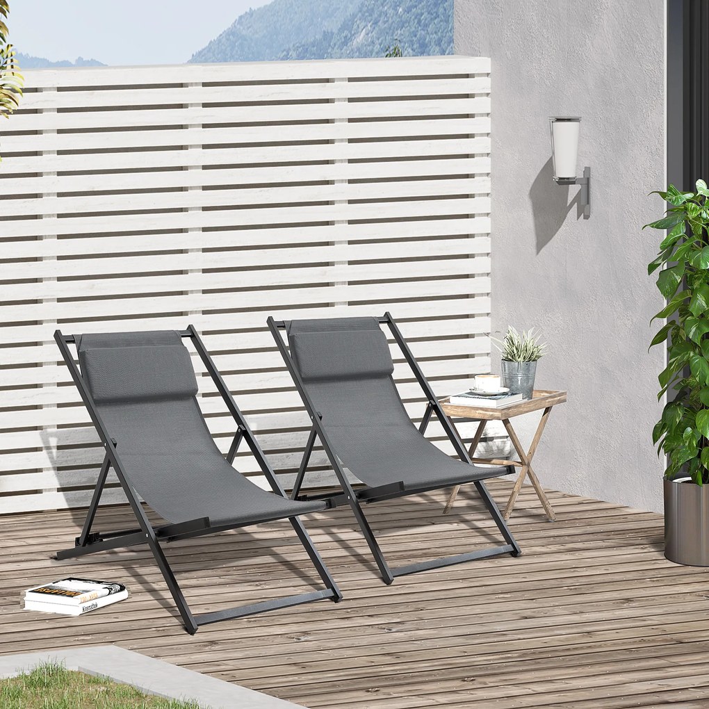 Outsunny Conjunto de 2 Espreguiçadeiras Dobráveis com Encosto Reclinável em 5 Posições e Apoio para a Cabeça Acolchoado 96,5x58x91,5cm Cinza Escuro
