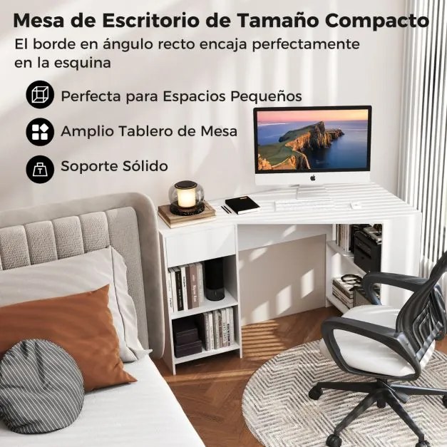 Secretária de computador de canto em forma de L 120 cm com gaveta e Estantes Branca