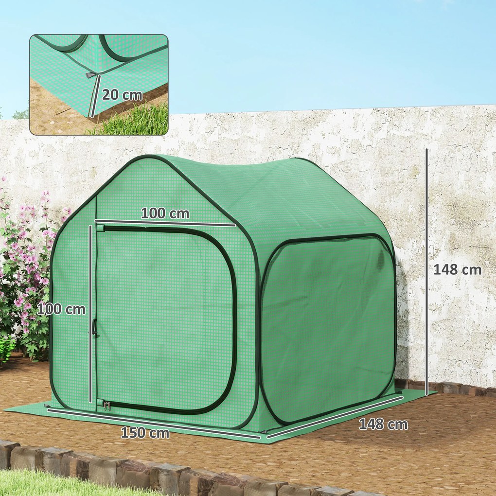 Mini estufa pop-up 150 x 148 x 148 cm, pequena estufa para vegetais e flores com porta com fecho de correr em PE, verde
