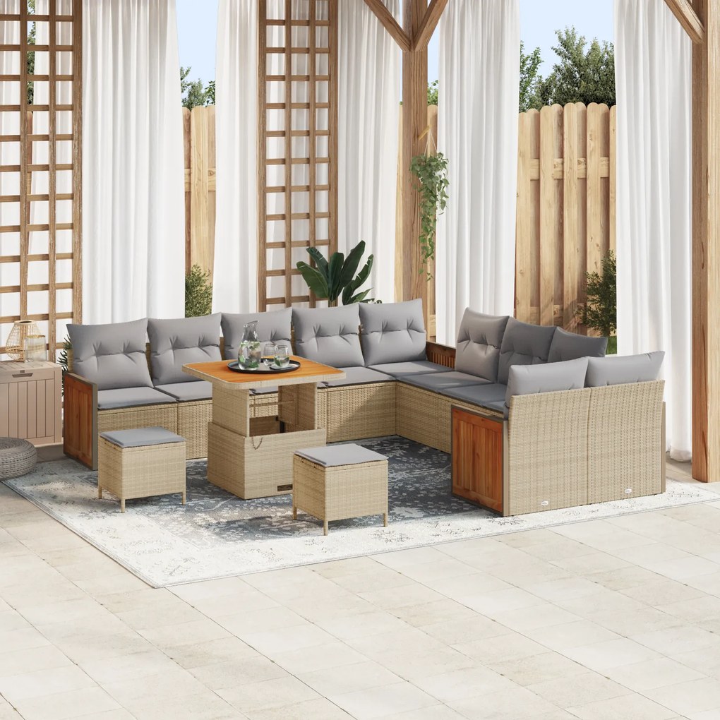 Conjunto de Sofás de Jardim vidaXL 13 Peças com Almofadas Bege Vime Acácia