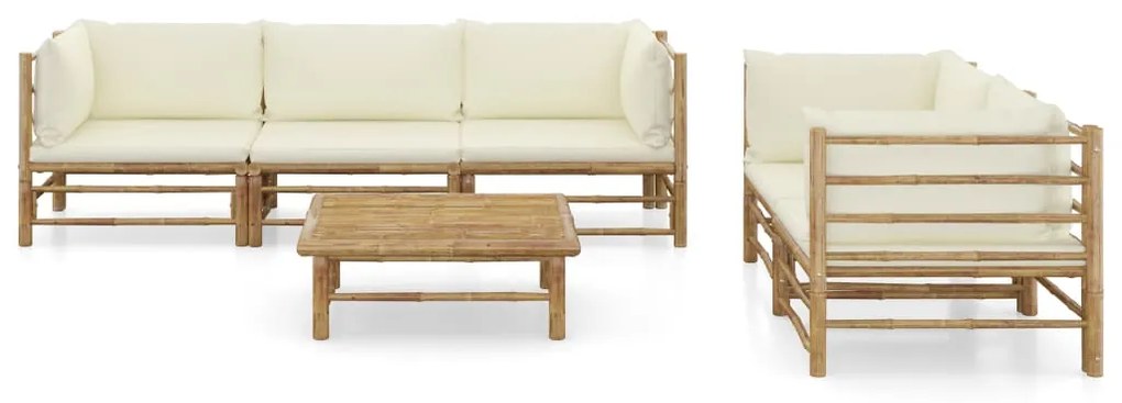 6 pcs conj. lounge p/ jardim em bambu c/ almofadões branco nata