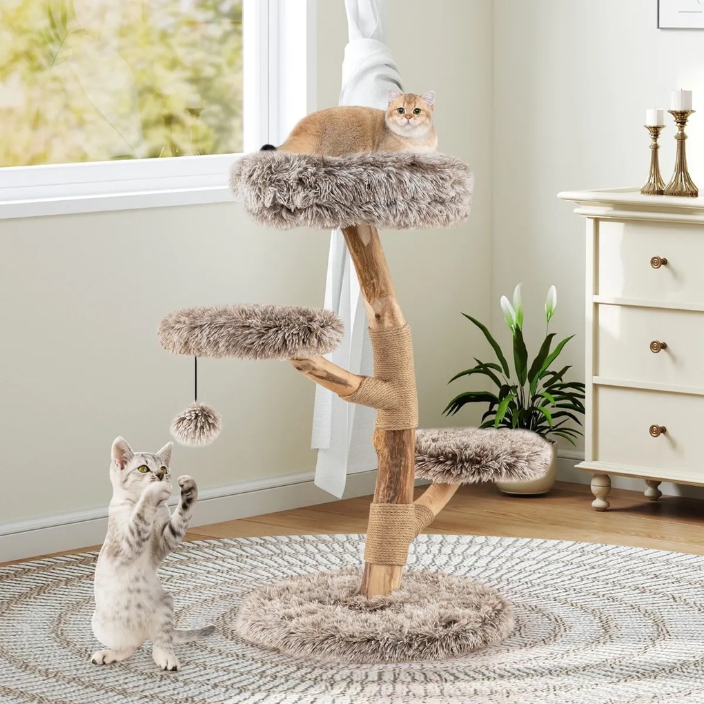 Arranhador para gatos 50 x 90 cm em madeira macia de pereira com plataforma bola suspensa postes para arranhar natural Natural