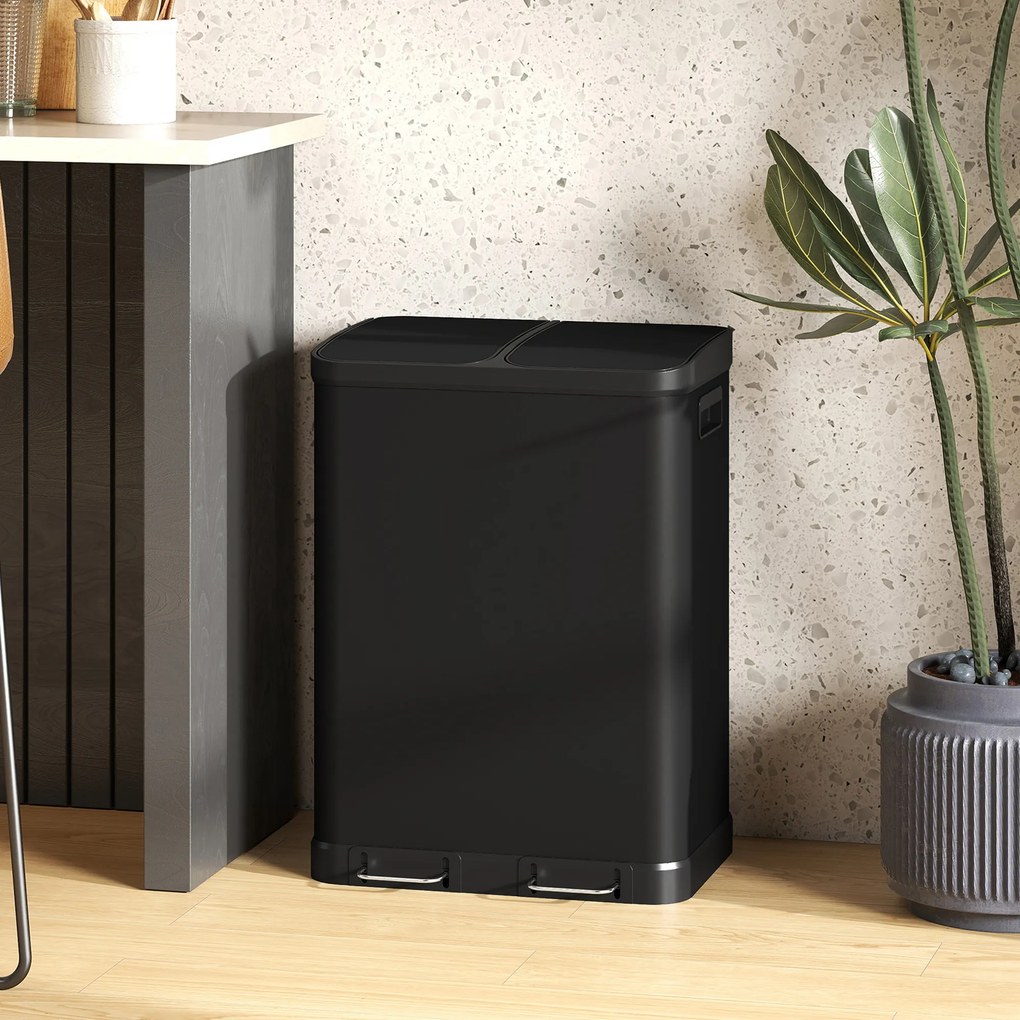 Caixote do lixo de cozinha 48,8 L x 39,5 l x 67 A cm com dois compartimentos de 2 x 30 L, com pedal em aço inoxidável e tampa com fecho suave, preto