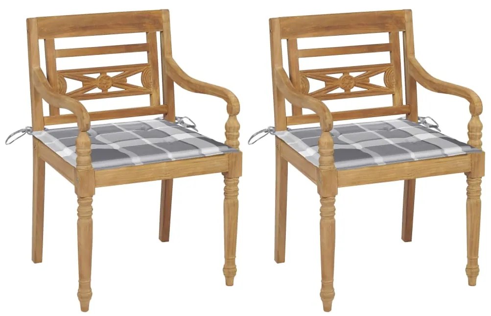 vidaXL Cadeiras Batávia c/ almofadões xadrez cinzento 2pcs teca maciça