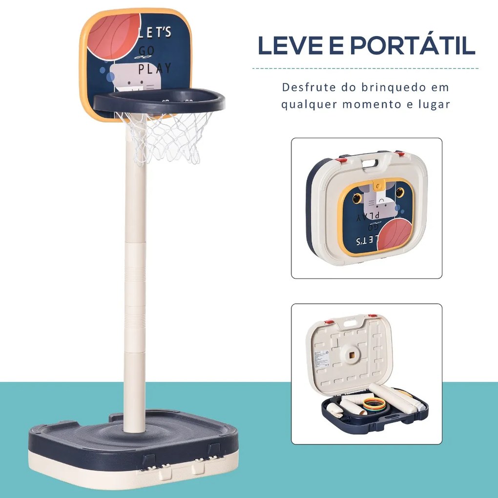 Cesto de Basquetebol Infantil 2 em 1 Portátil com Jogo de Lançamento de Anéis Altura Ajustável 96-110cm e Acessórios Incluidos 58,5x56x137cm