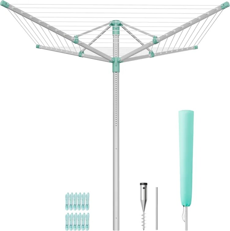Estendal de roupa com altura ajustável 139,4 x 139,4 x (120-180) cm e fixação ao chão para 4 cargas de roupa, prateado-verde