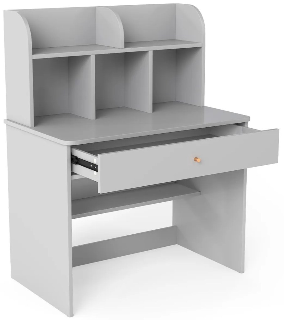Secretária de Estudo em Madeira para Crianças 80 x 48 x 102 cm com Prateleiras Abertas e Gaveta Secretária Infantil com Cubos de Armazenamento Cinza