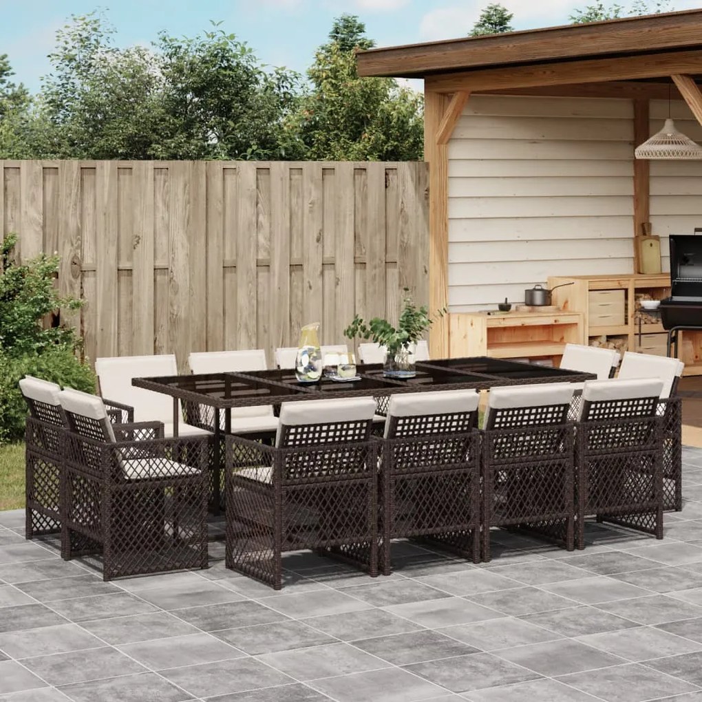 13 pcs conjunto jantar p/ jardim c/ almofadões vime PE castanho