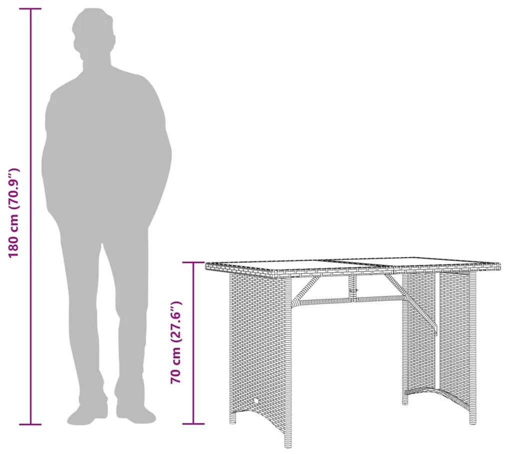 Mesa jardim c/ tampo de vidro 110x68x70 cm vime PE cinza-claro